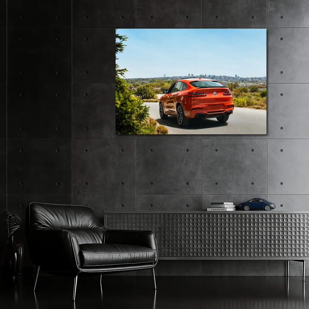 BMW X4 M Orange Rear City Skyline – Wall Art