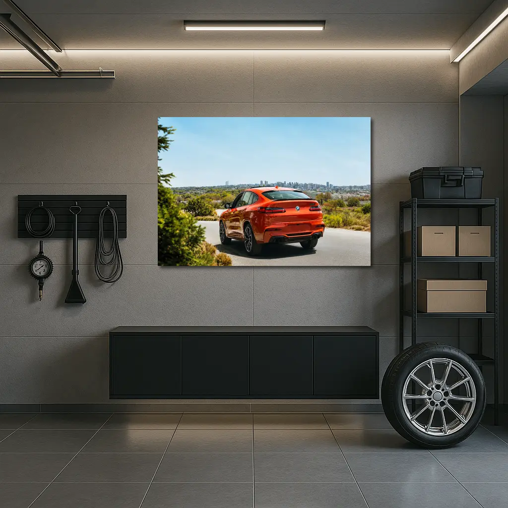 BMW X4 M Orange Rear City Skyline – Wall Art