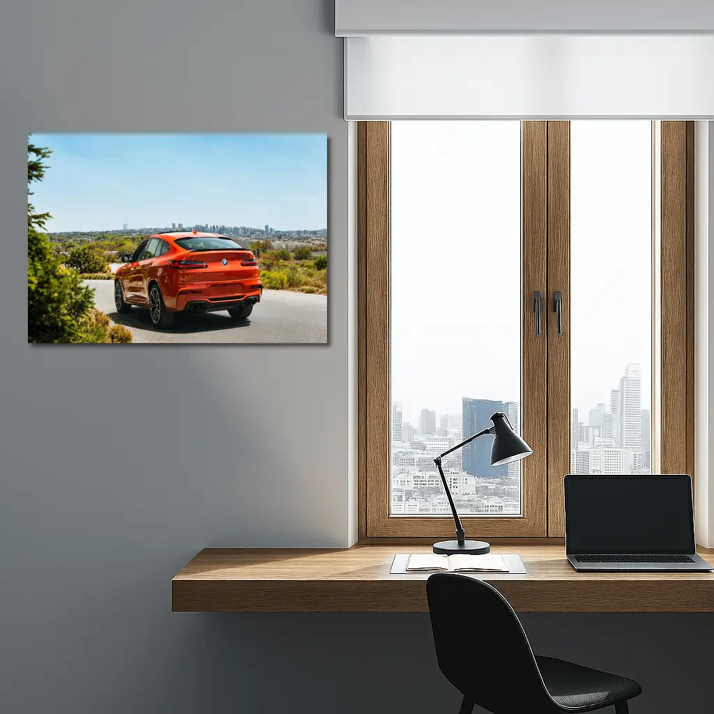 BMW X4 M Orange Rear City Skyline – Wall Art
