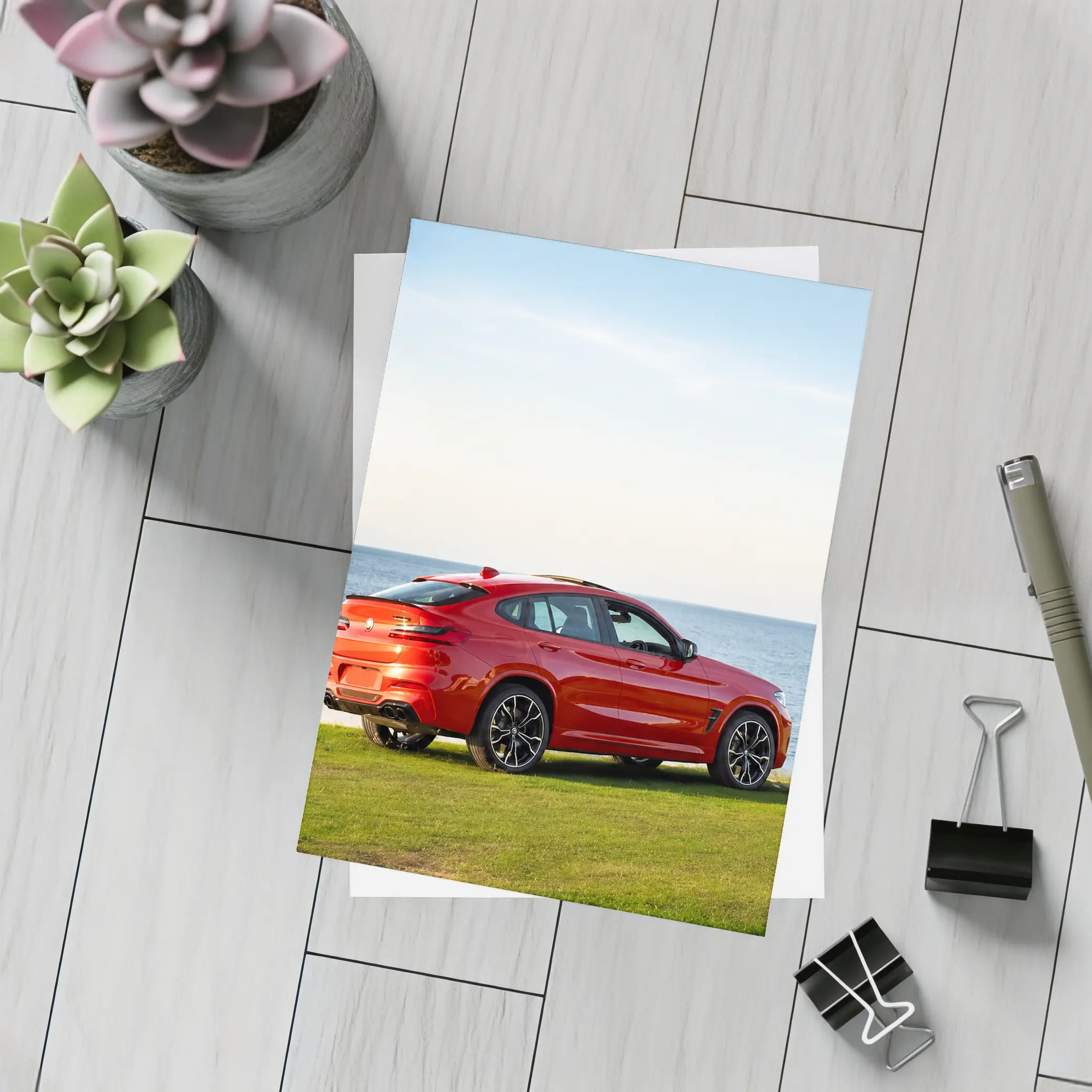 BMW X4 M Red Coastal Grass Scene – Postcards