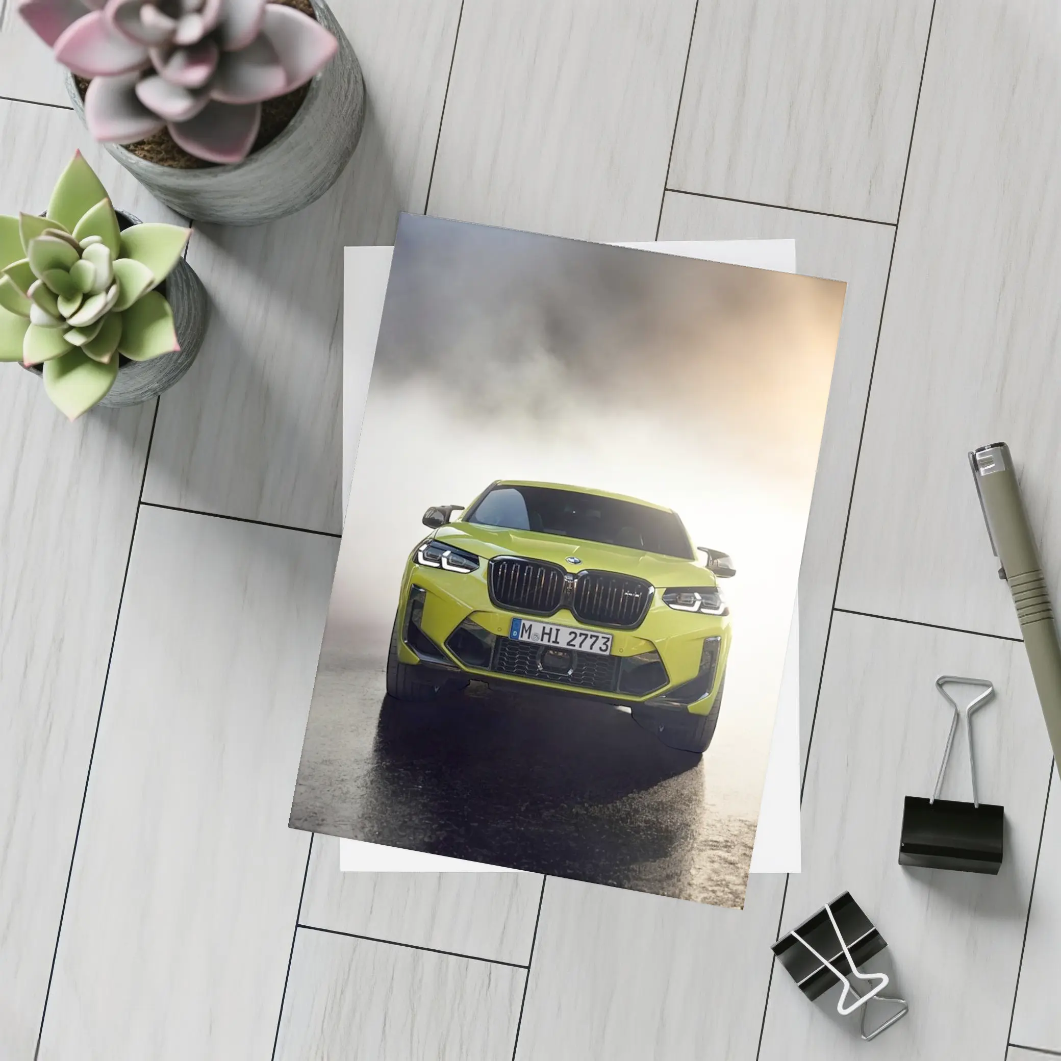 BMW X4 M Yellow Smoke Dramatic Front View – Postcards