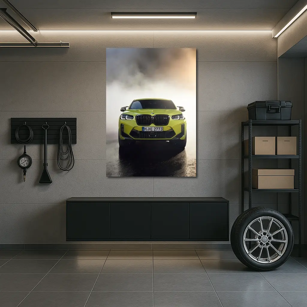 BMW X4 M Yellow Smoke Dramatic Front View – Wall Art