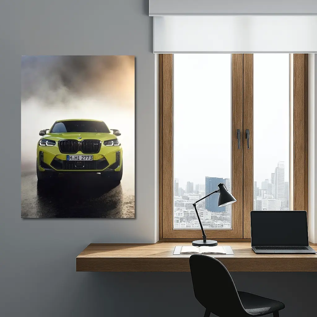 BMW X4 M Yellow Smoke Dramatic Front View – Wall Art