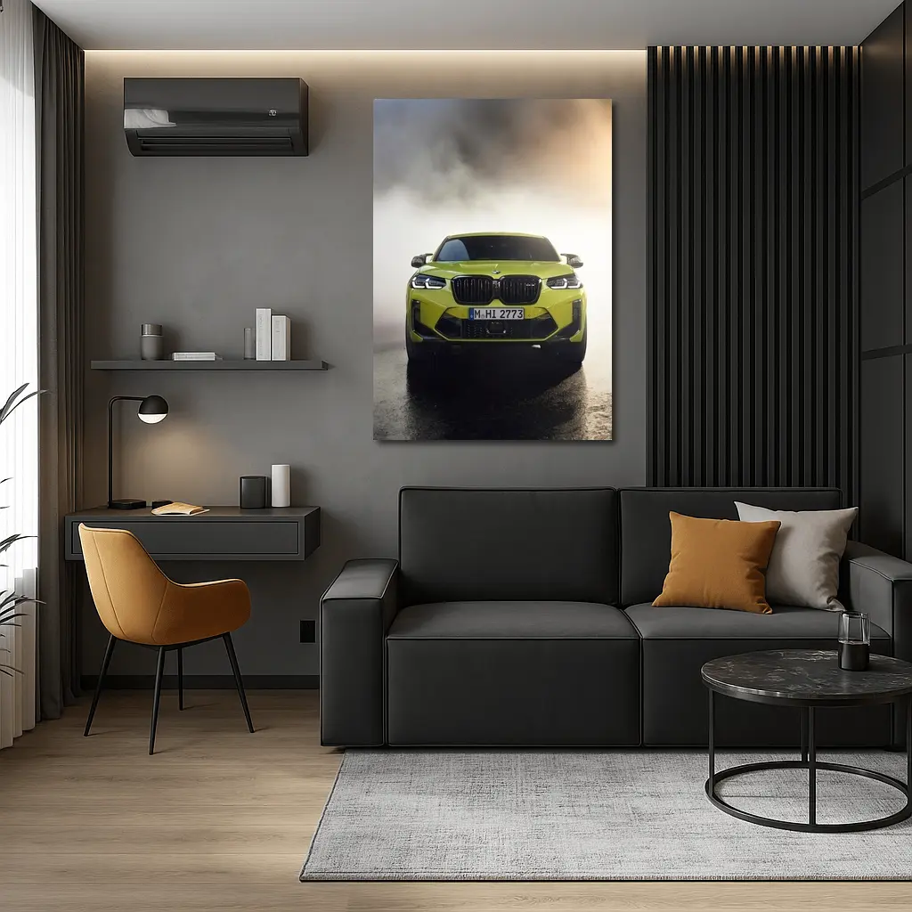 BMW X4 M Yellow Smoke Dramatic Front View – Wall Art