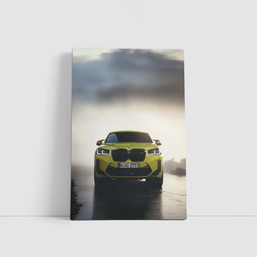 BMW X4 M Yellow Front View Foggy Road – Wall Art