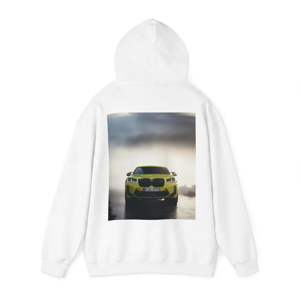 BMW X4 M Yellow Front View Foggy Road – Hoodies