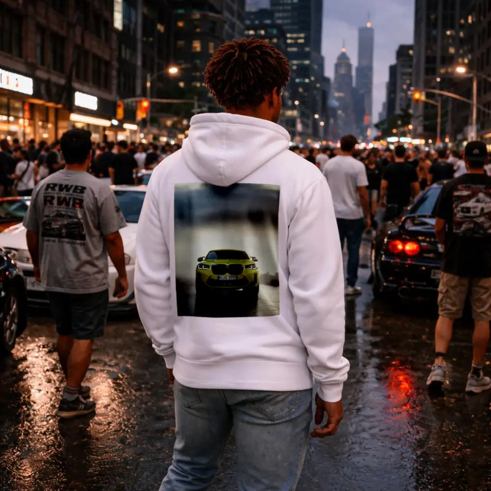 BMW X4 M Yellow Front View Foggy Road – Hoodies