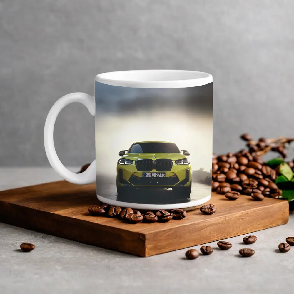BMW X4 M Yellow Front View Foggy Road – Mugs