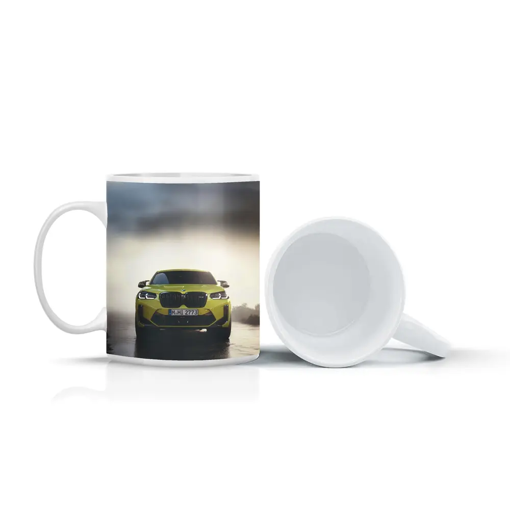 BMW X4 M Yellow Front View Foggy Road – Mugs
