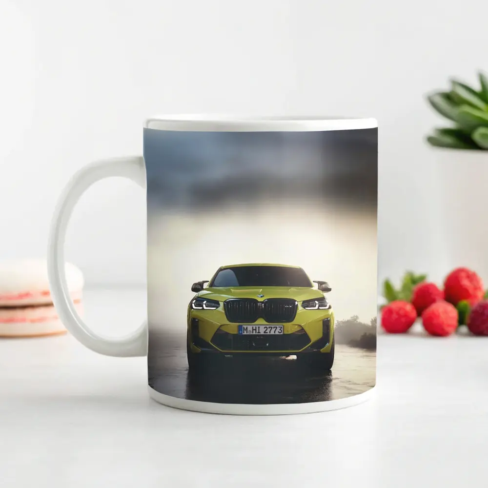 BMW X4 M Yellow Front View Foggy Road – Mugs