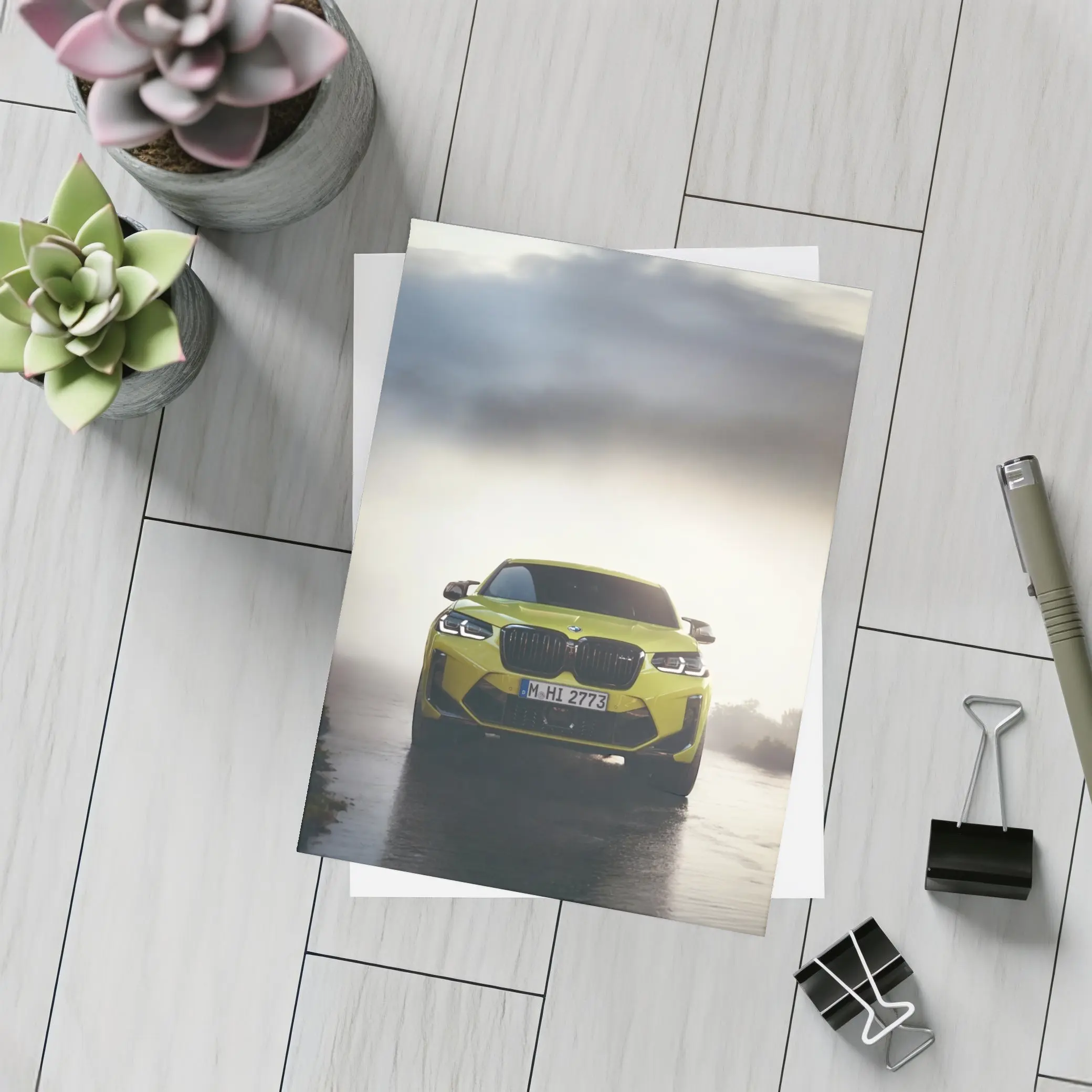 BMW X4 M Yellow Front View Foggy Road – Postcards