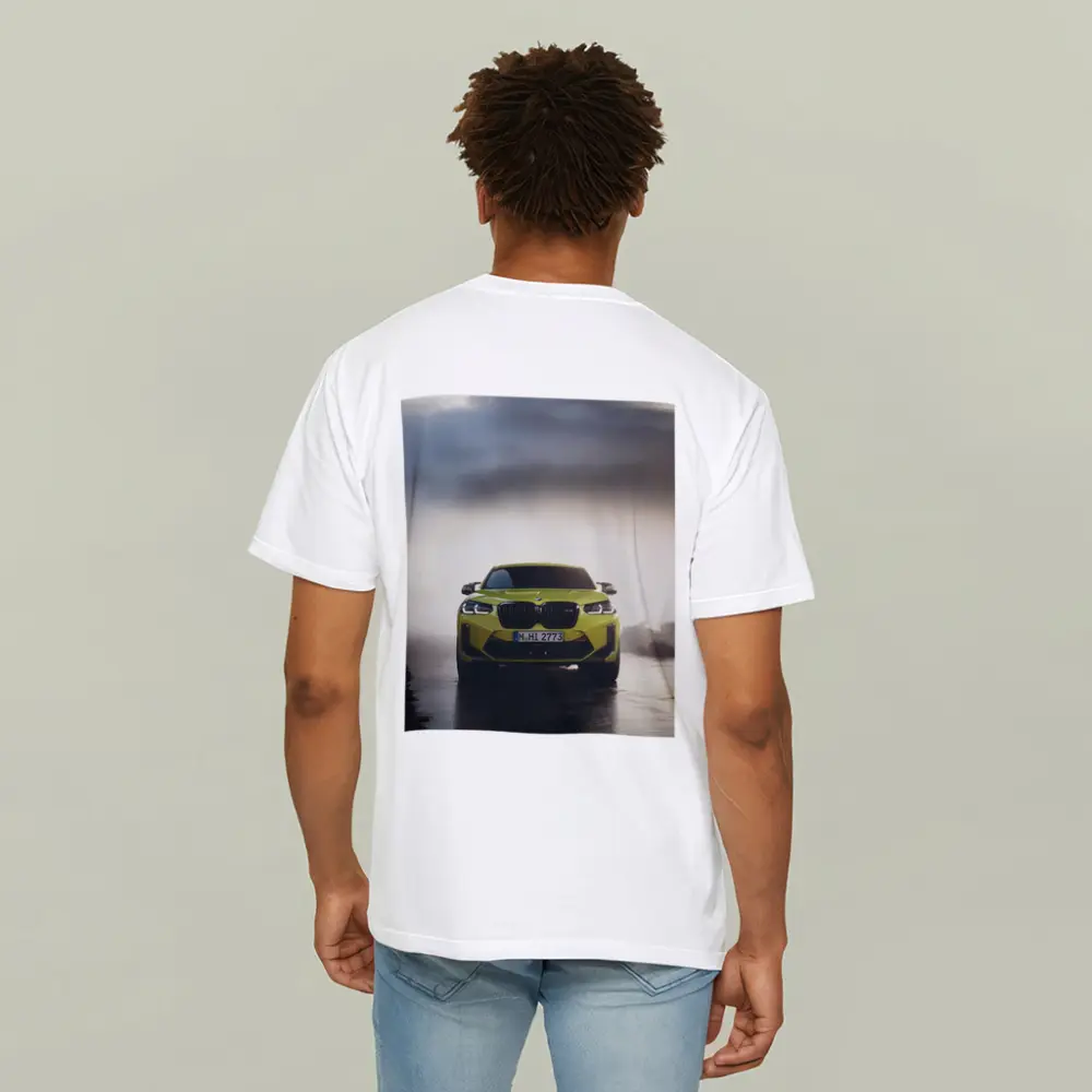 BMW X4 M Yellow Front View Foggy Road – T-Shirts