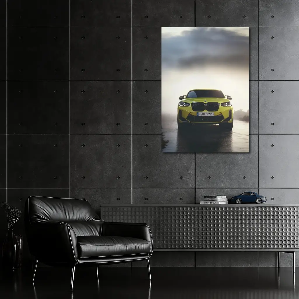 BMW X4 M Yellow Front View Foggy Road – Wall Art