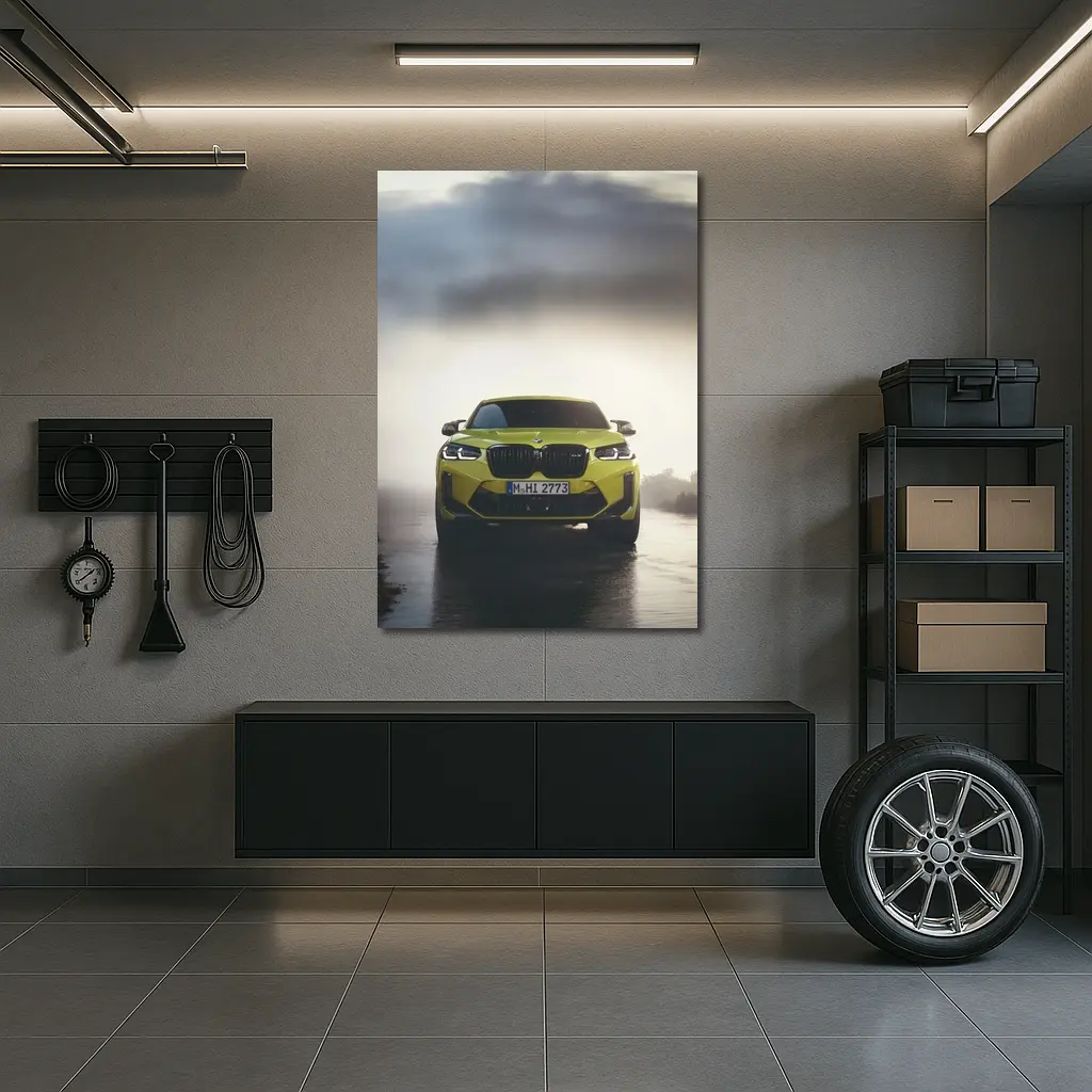 BMW X4 M Yellow Front View Foggy Road – Wall Art