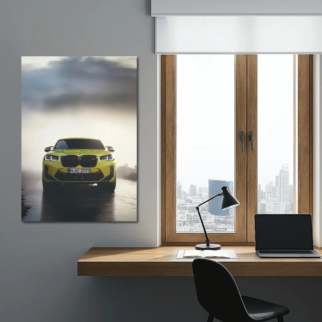 BMW X4 M Yellow Front View Foggy Road – Wall Art