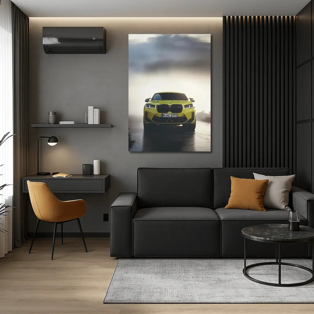 BMW X4 M Yellow Front View Foggy Road – Wall Art