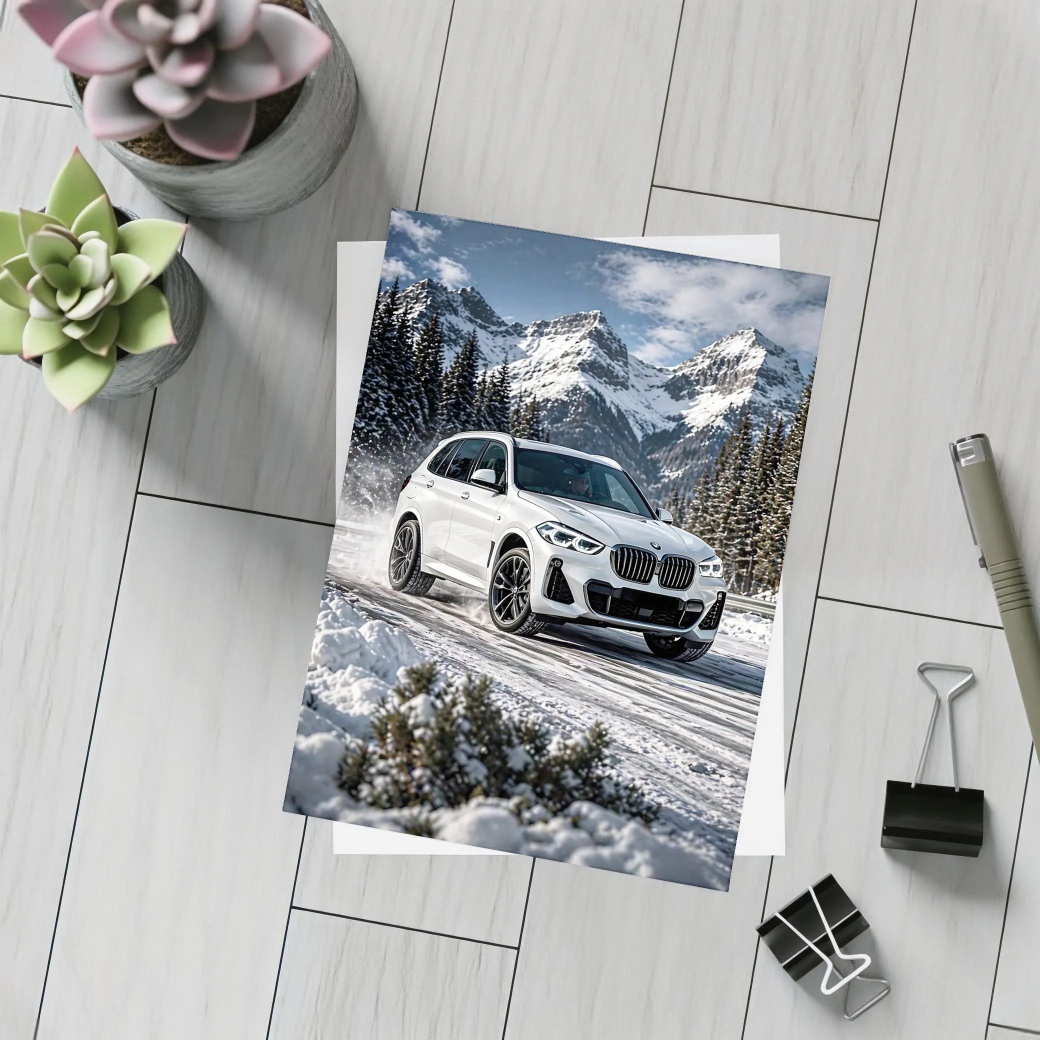 BMW X5 White SUV Snow Mountain Drive – Postcards
