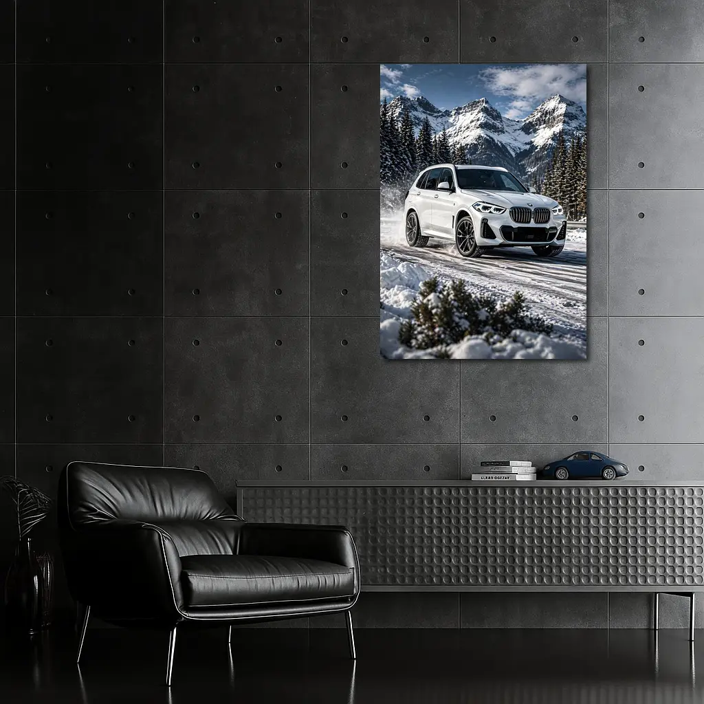 BMW X5 White SUV Snow Mountain Drive – Wall Art