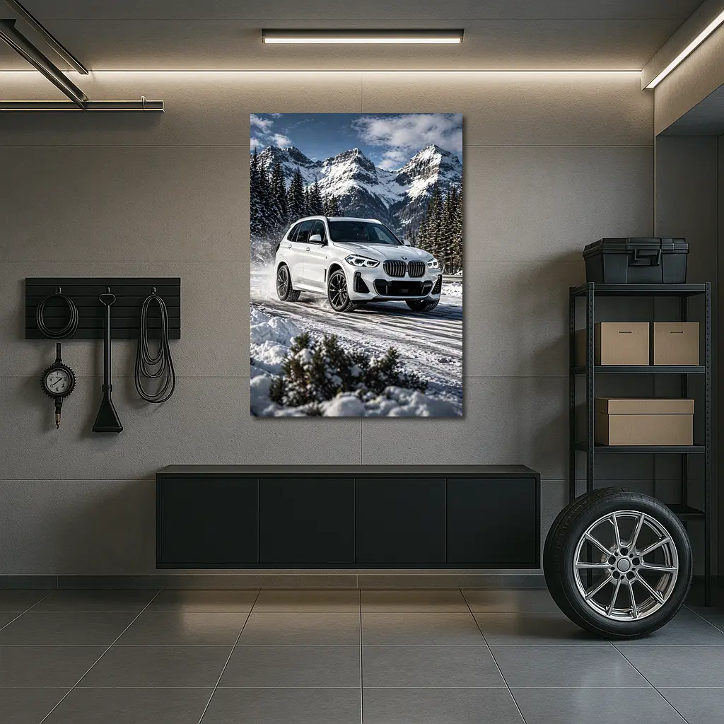 BMW X5 White SUV Snow Mountain Drive – Wall Art