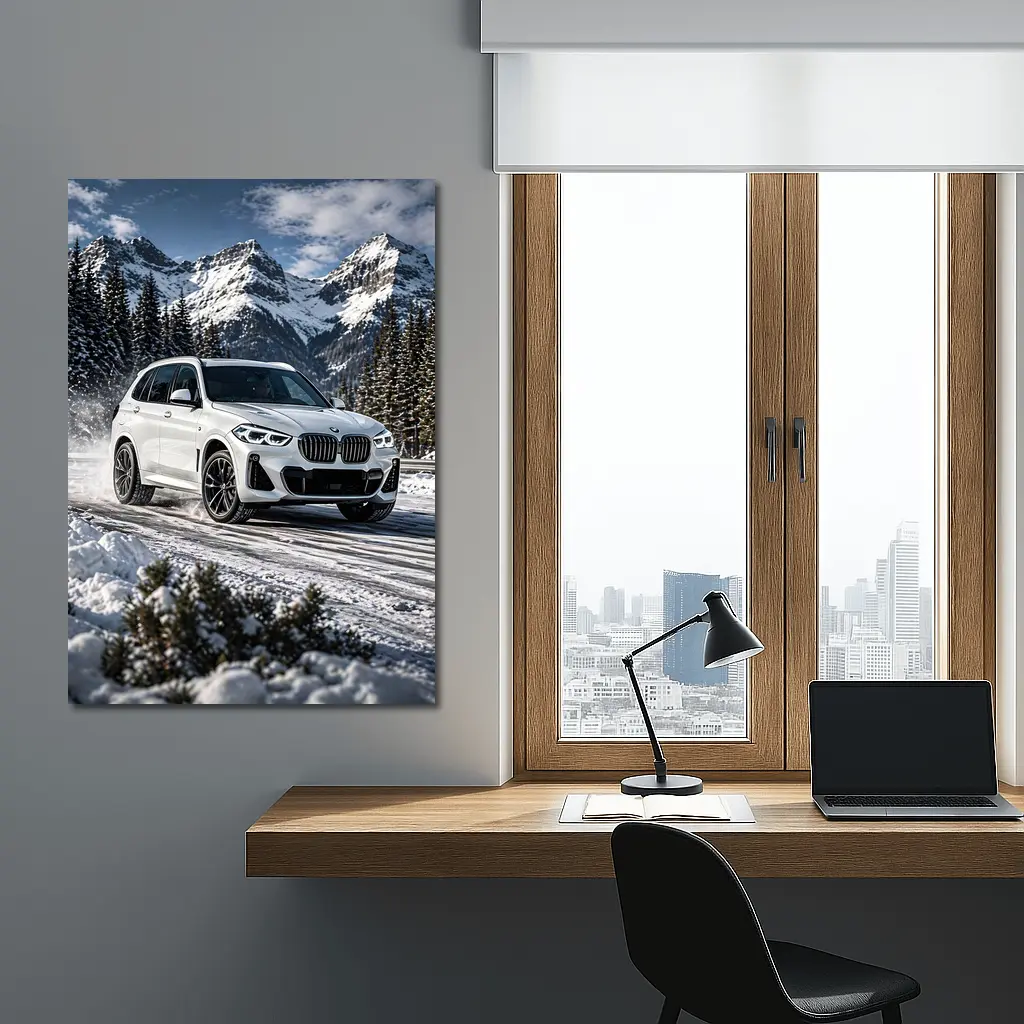 BMW X5 White SUV Snow Mountain Drive – Wall Art