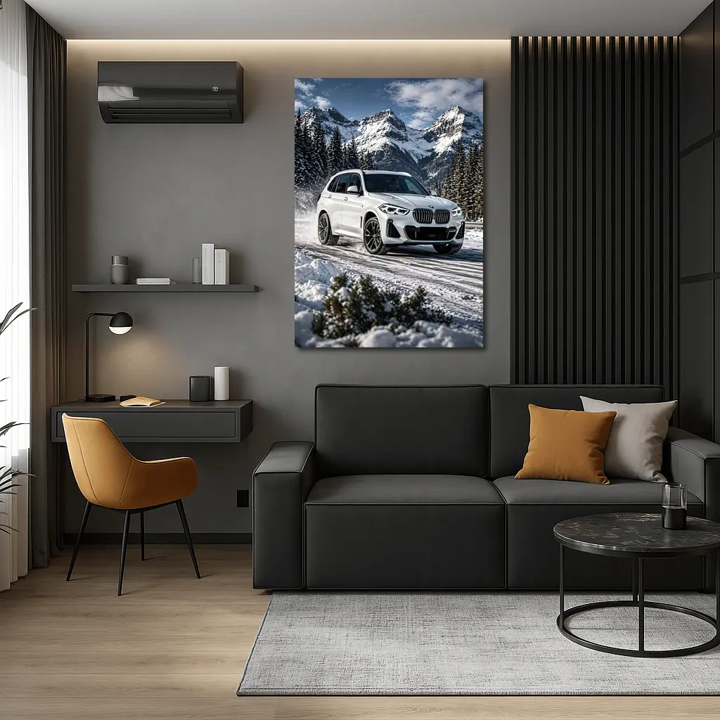 BMW X5 White SUV Snow Mountain Drive – Wall Art