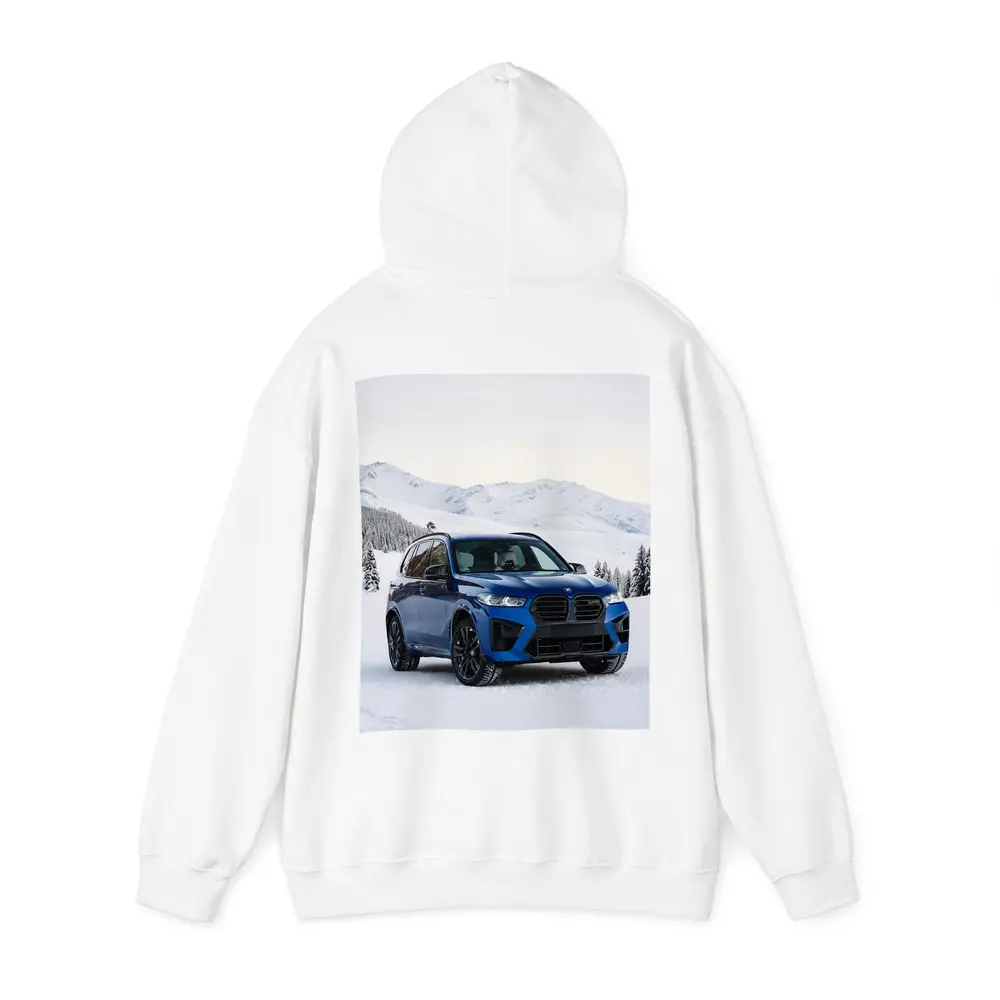 BMW X5M Blue SUV Snowy Mountain Setting – Hoodies