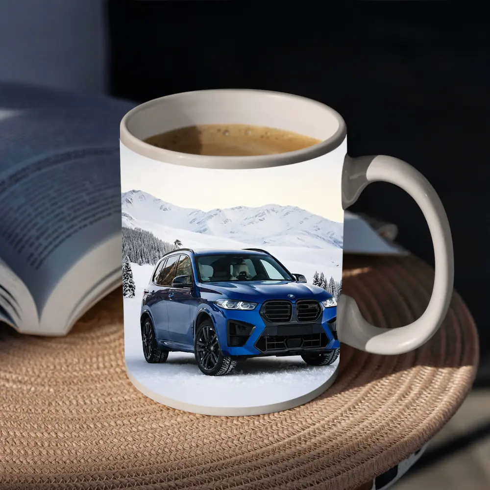 BMW X5M Blue SUV Snowy Mountain Setting – Mugs