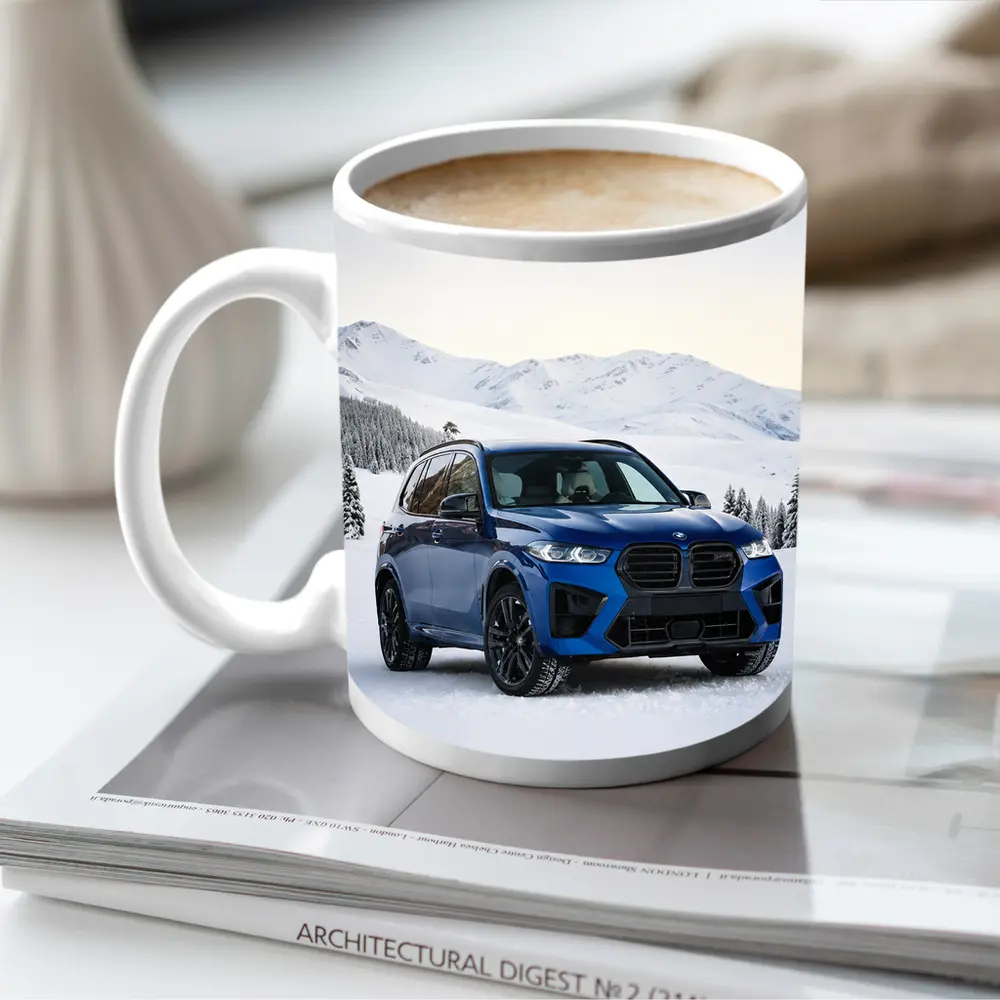 BMW X5M Blue SUV Snowy Mountain Setting – Mugs