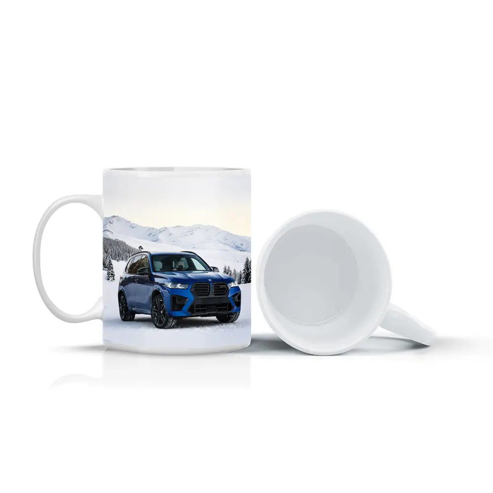 BMW X5M Blue SUV Snowy Mountain Setting – Mugs