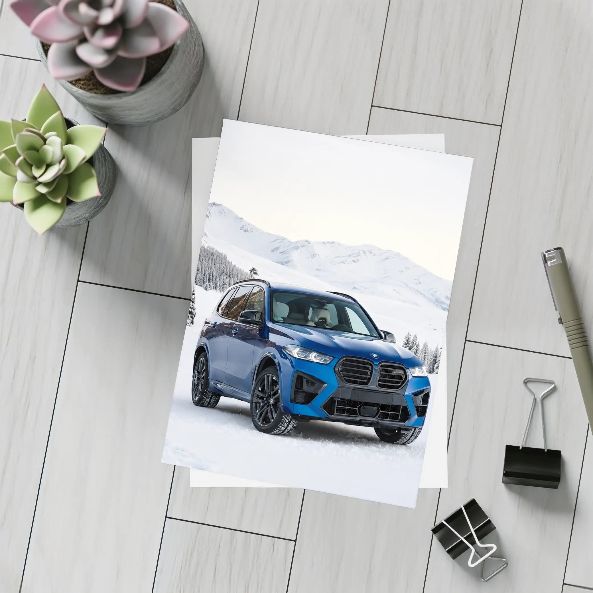BMW X5M Blue SUV Snowy Mountain Setting – Postcards