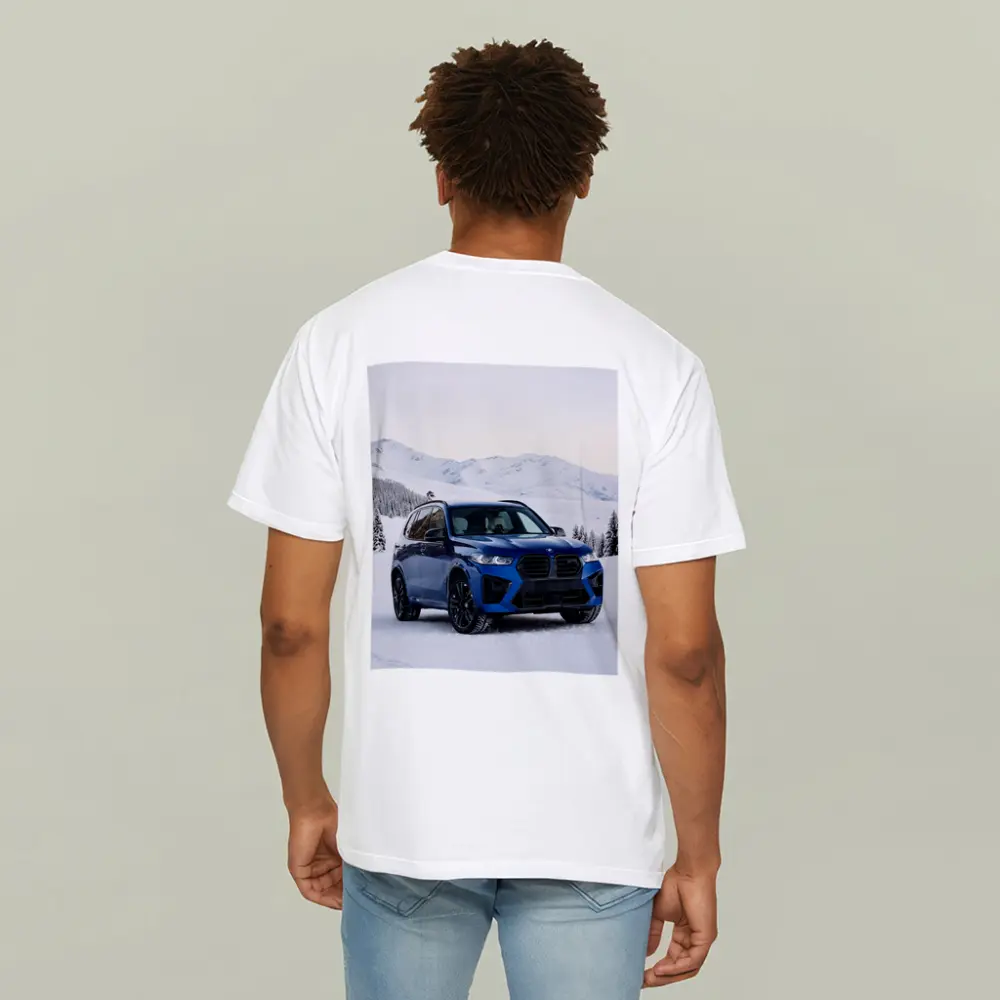 BMW X5M Blue SUV Snowy Mountain Setting – T-Shirts