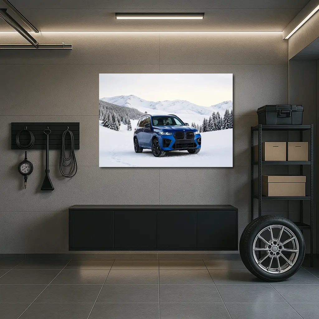 BMW X5M Blue SUV Snowy Mountain Setting – Wall Art