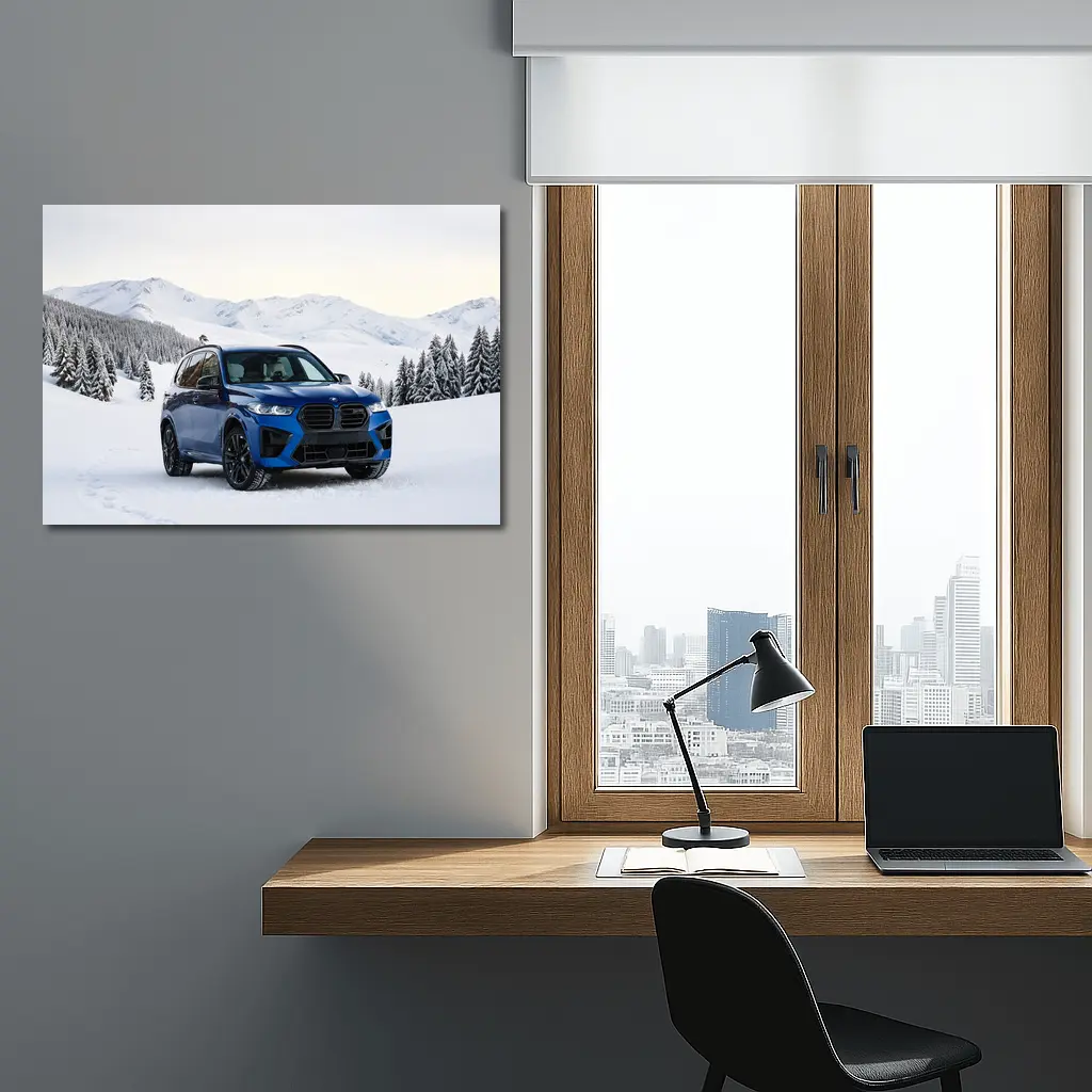 BMW X5M Blue SUV Snowy Mountain Setting – Wall Art