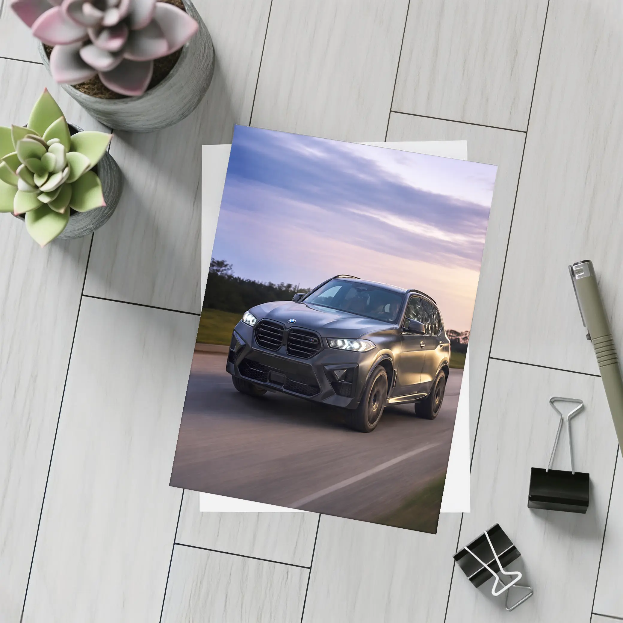 BMW X5M Matte Black Driving Sunset Road – Postcards