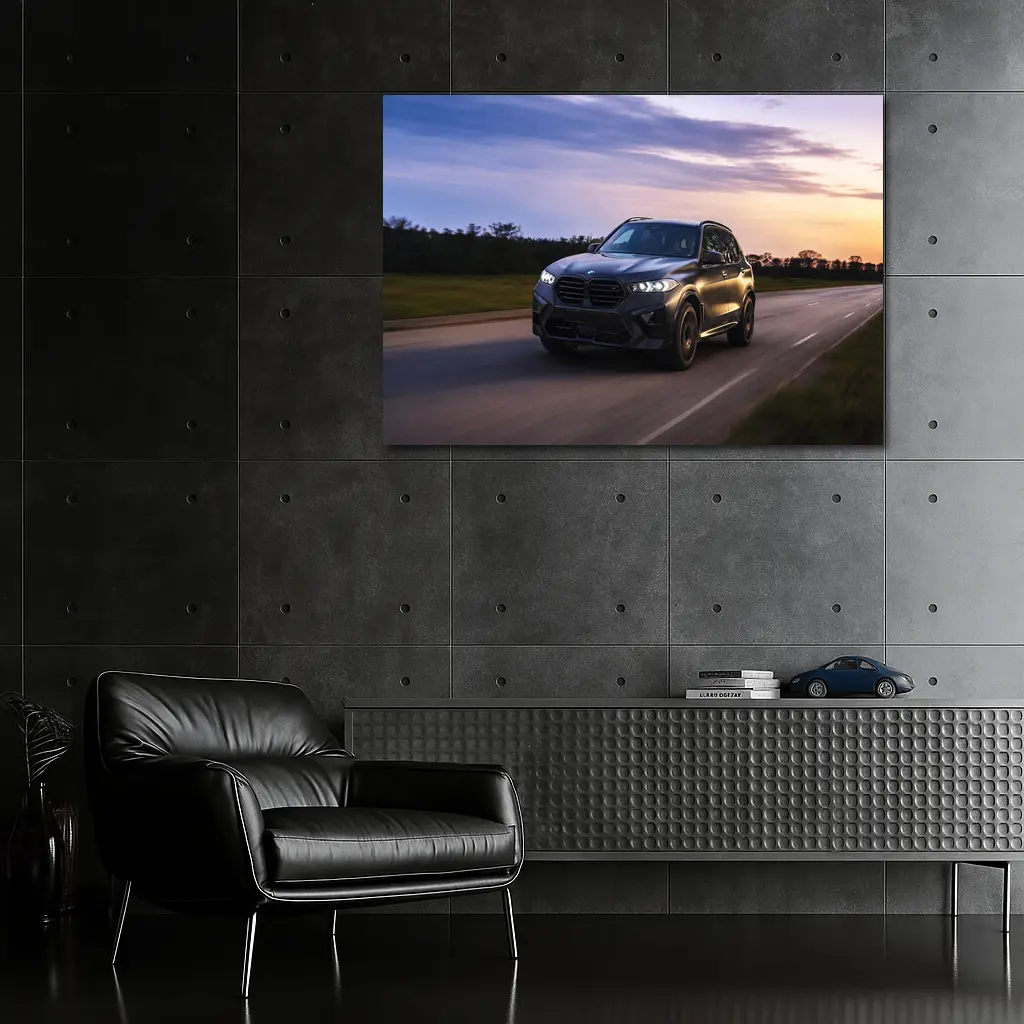 BMW X5M Matte Black Driving Sunset Road – Wall Art