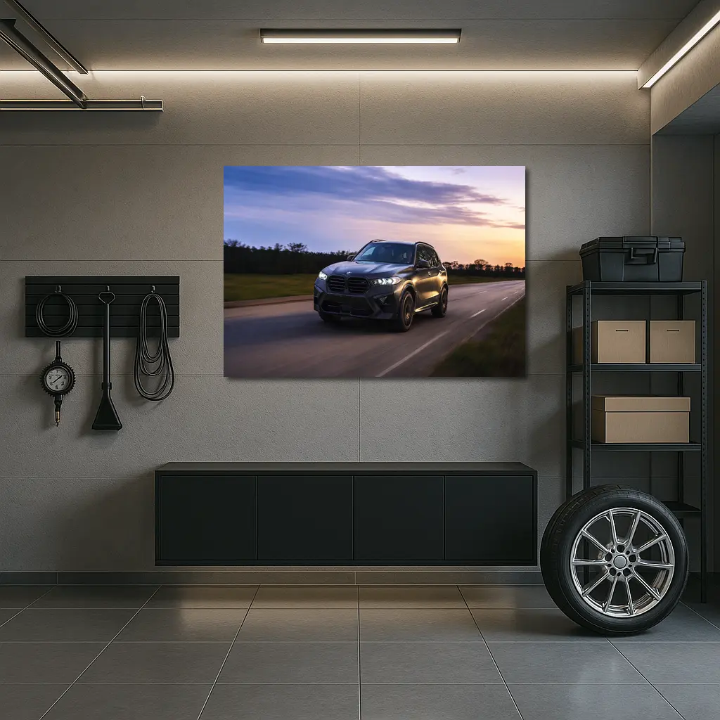 BMW X5M Matte Black Driving Sunset Road – Wall Art