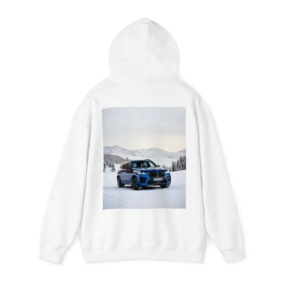 BMW X5M Blue SUV Snow Mountain Scene – Hoodies