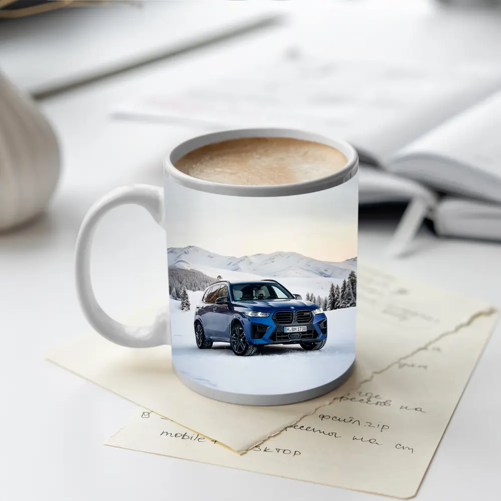 BMW X5M Blue SUV Snow Mountain Scene – Mugs