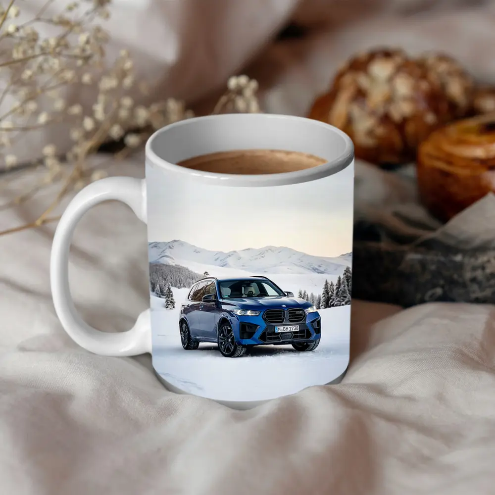 BMW X5M Blue SUV Snow Mountain Scene – Mugs