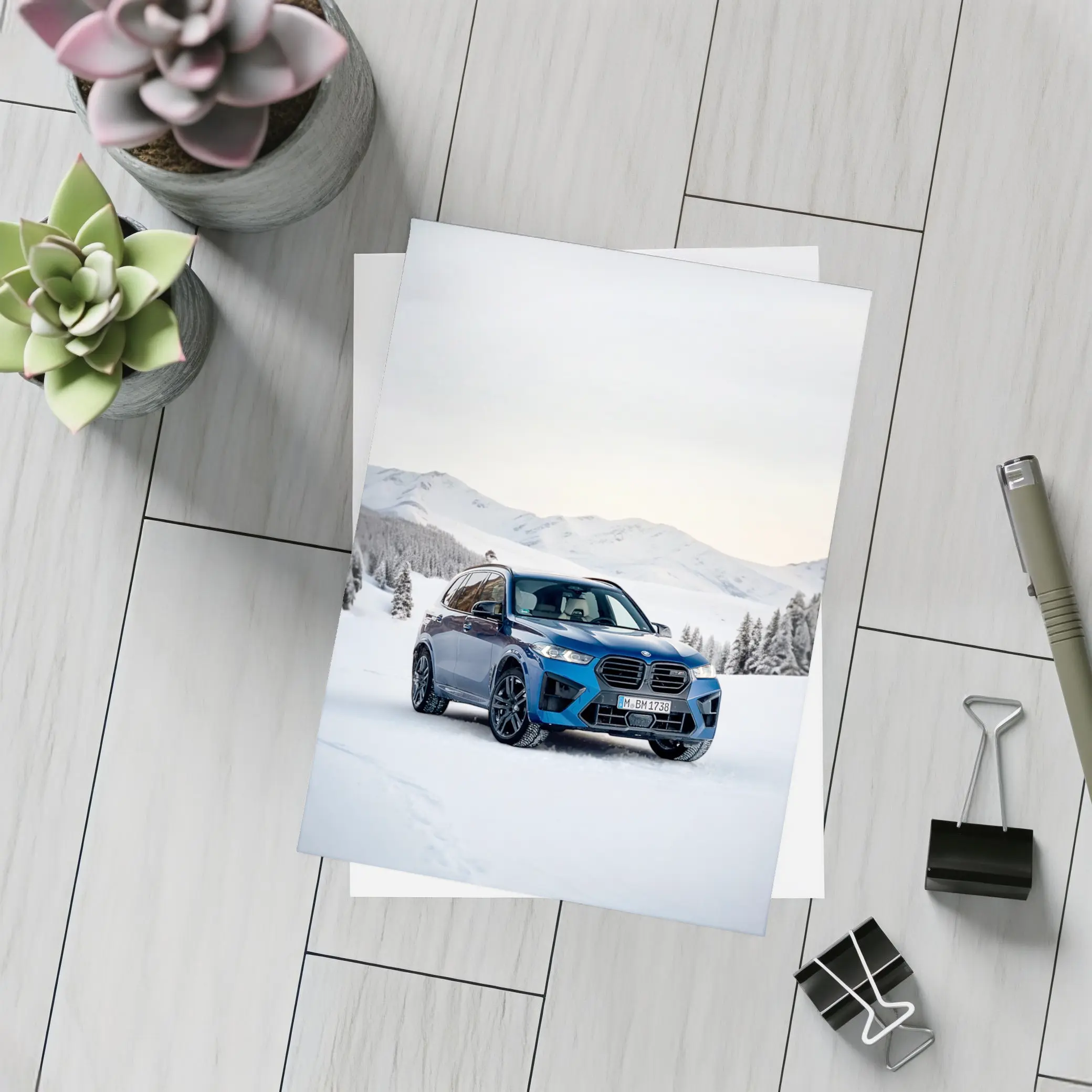 BMW X5M Blue SUV Snow Mountain Scene – Postcards
