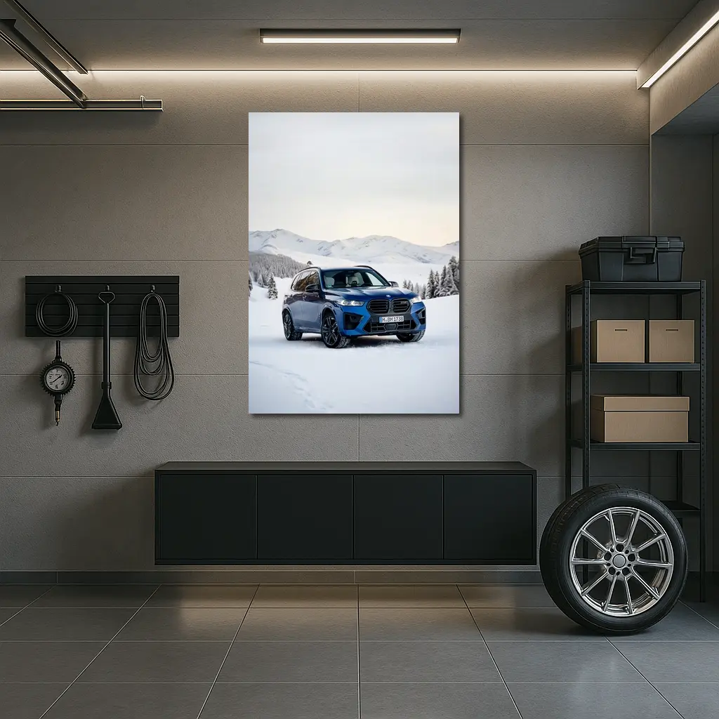 BMW X5M Blue SUV Snow Mountain Scene – Wall Art