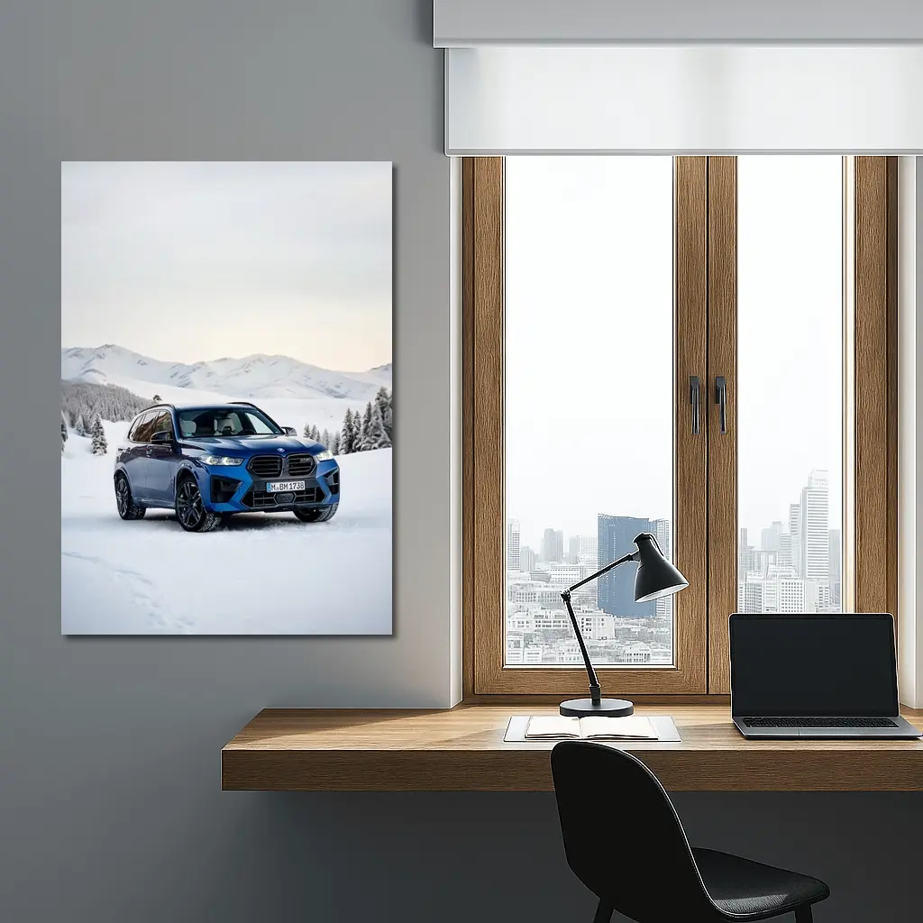 BMW X5M Blue SUV Snow Mountain Scene – Wall Art