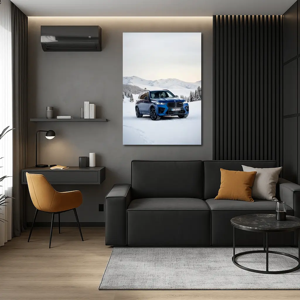 BMW X5M Blue SUV Snow Mountain Scene – Wall Art