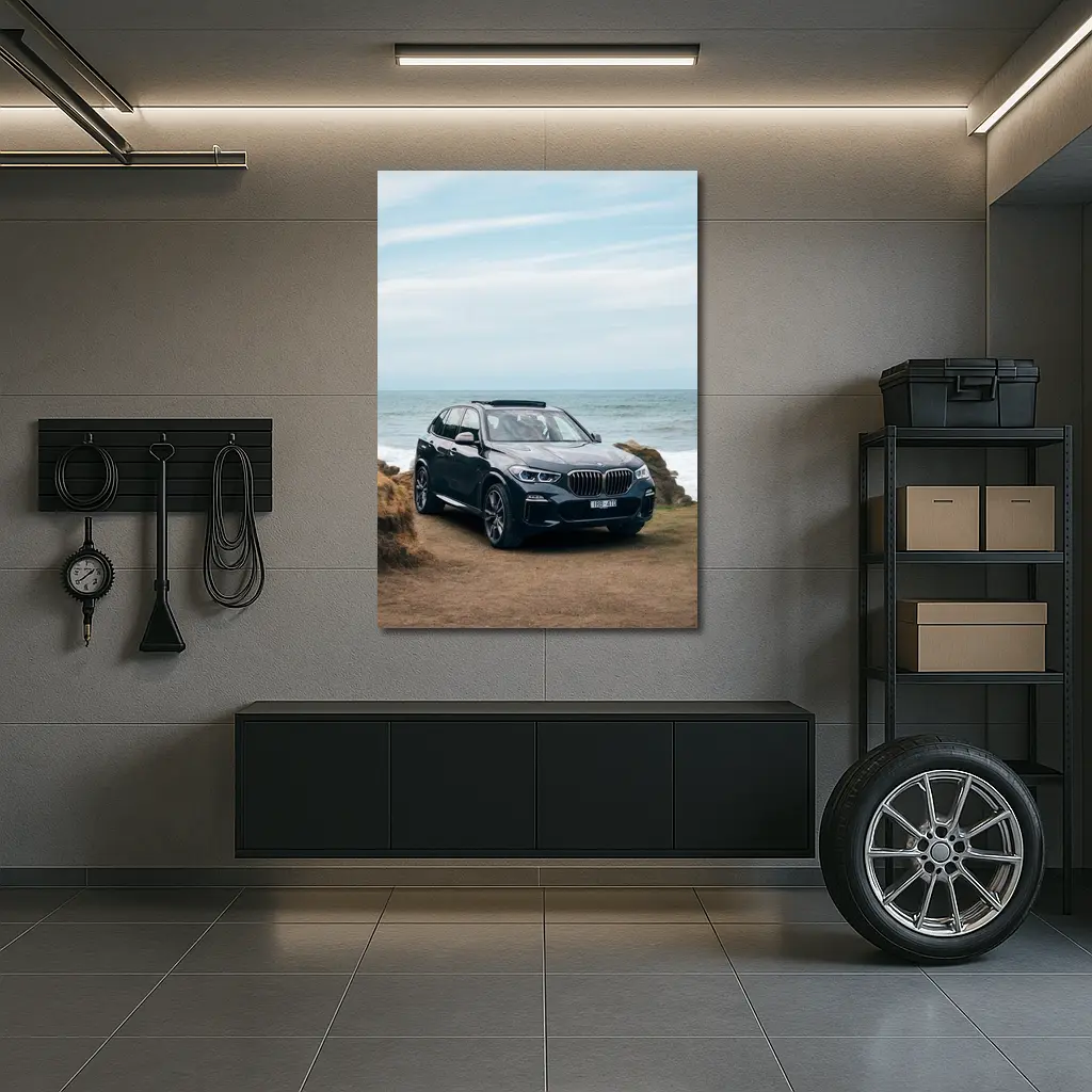 BMW X5 Parked by Coastal Rocky Shore – Wall Art