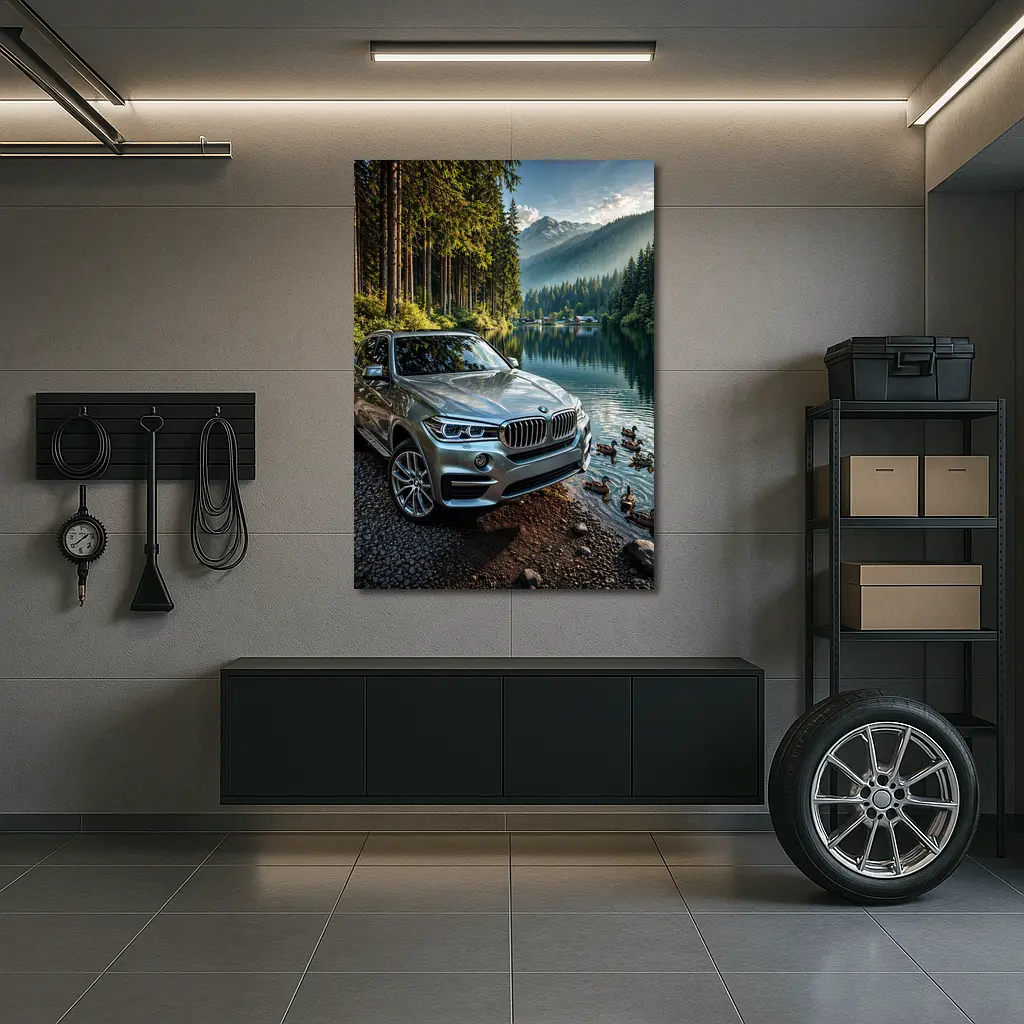 BMW X5 Parked By Mountain Lake – Wall Art