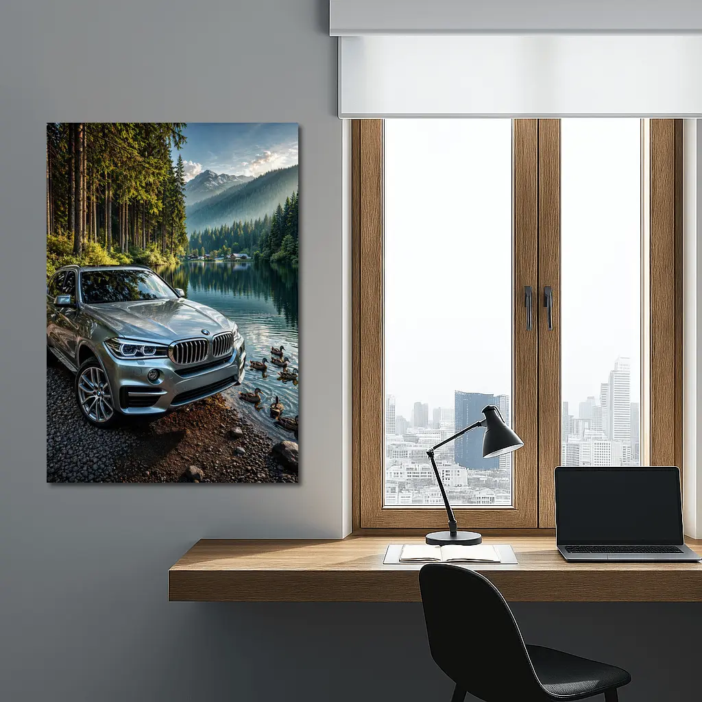 BMW X5 Parked By Mountain Lake – Wall Art
