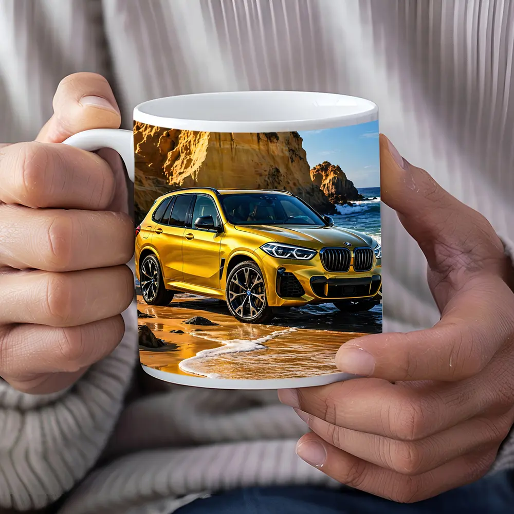 BMW X5 Yellow Coastal Cliffs Beach Scene – Mugs