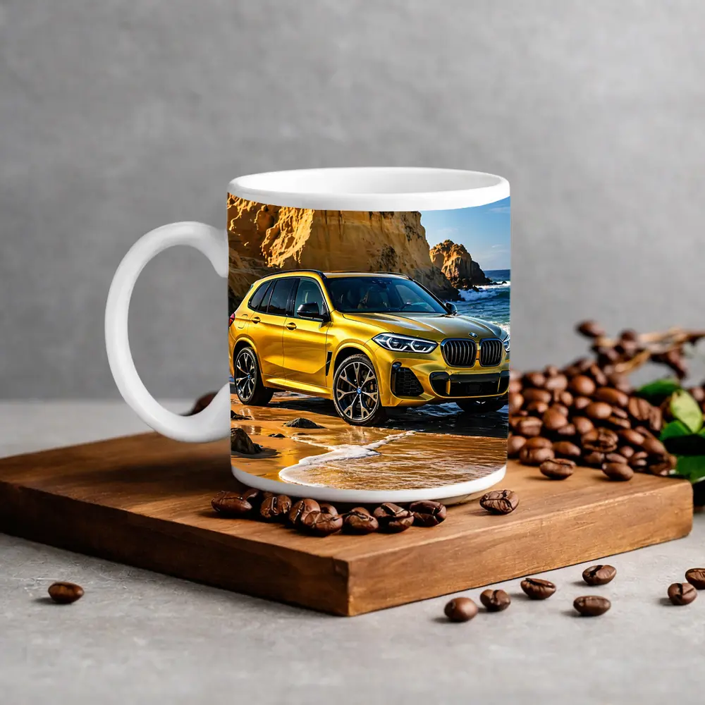BMW X5 Yellow Coastal Cliffs Beach Scene – Mugs