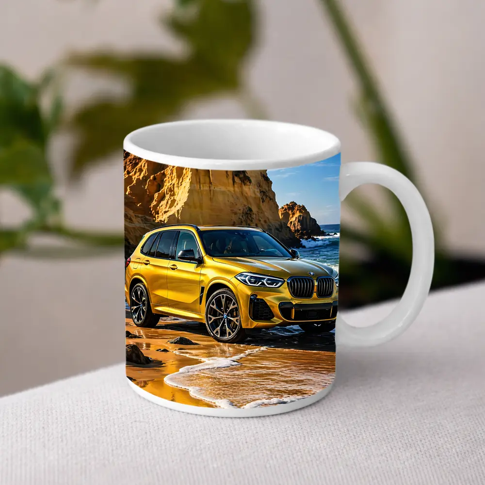 BMW X5 Yellow Coastal Cliffs Beach Scene – Mugs