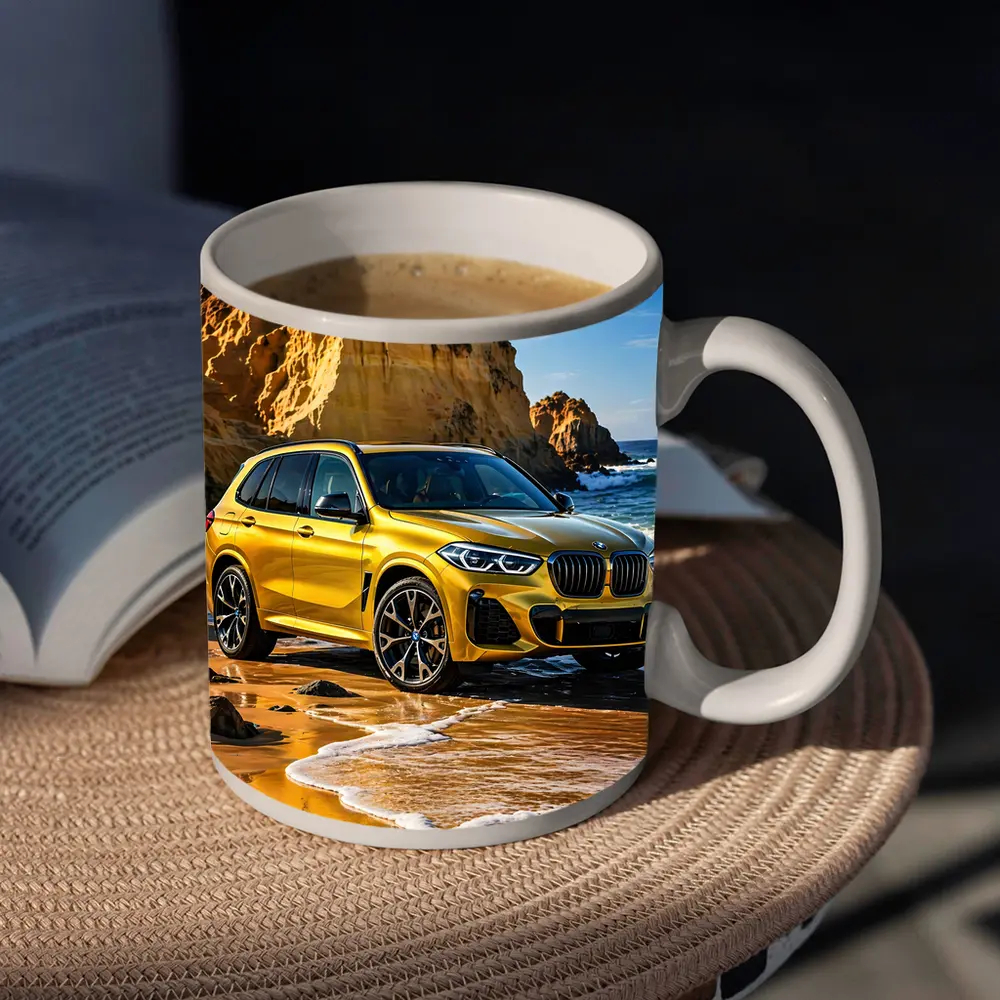 BMW X5 Yellow Coastal Cliffs Beach Scene – Mugs